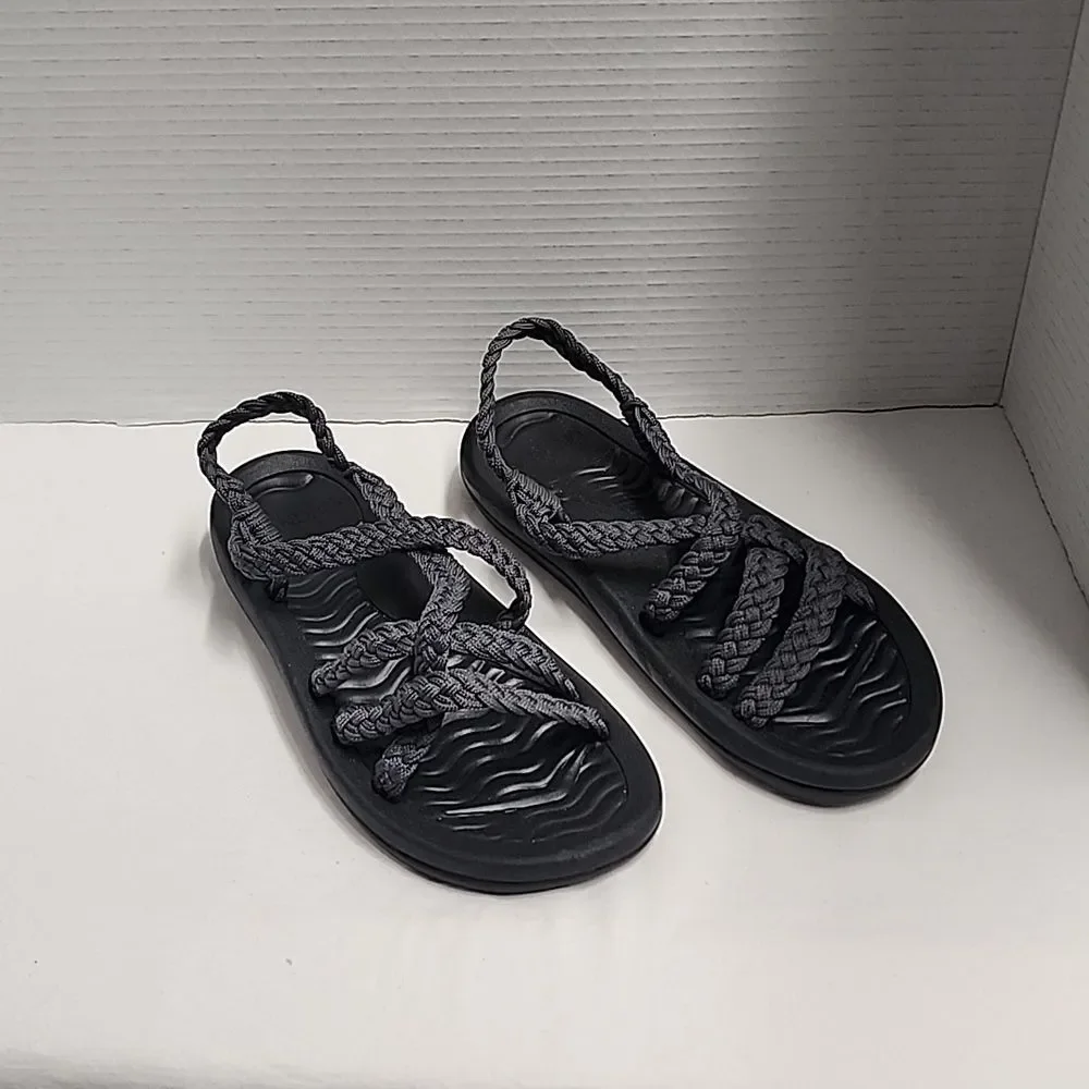 Megnya black and gray braided strap water sandals size 8 - Picture 1 of 10